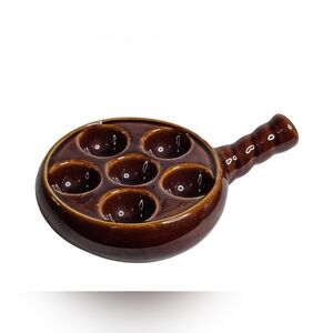 Vtg Brown Ceramic Escargot Plate Baking Dish 6 Depressions to Serve Snail Shells